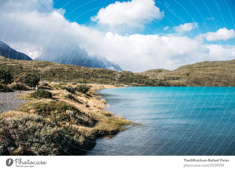 Turquoise lake in Torres del Paine National Park Environment Nature Landscape Blue Brown Green Black White Clouds Mountain Lake Torres del Paine NP Coast Water