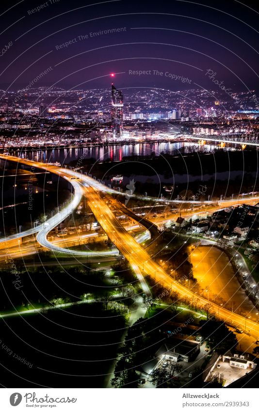 Vienna skyline at night from the Danube Tower Deserted Colour photo Exterior shot Twilight Evening Light (Natural Phenomenon) Sunset Back-light Bird's-eye view