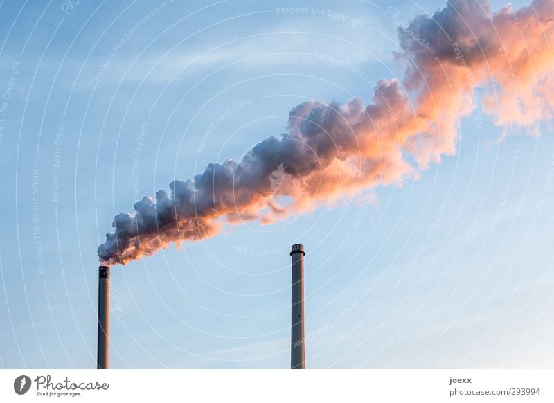 non-smokers Coal power station Sky Beautiful weather Industrial plant Factory Chimney Aggression Hideous Blue Orange Black Environment Environmental pollution