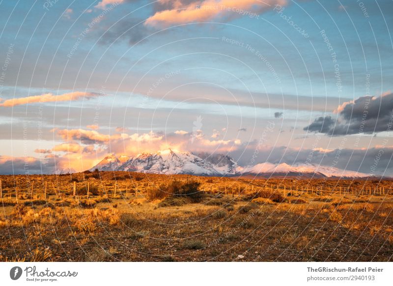 Patagonia Environment Nature Landscape Blue Brown Yellow Gold Violet Pink Moody Exterior shot Dawn Sunrise Clouds Sunbeam Shadow Light Mountain Chile