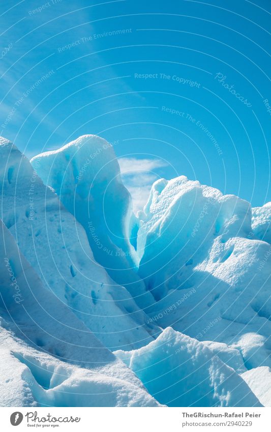 Glacier sculptures Environment Nature Blue Turquoise White Snow Ice Glacial migration Perito Moreno Glacier Shadow Light Contrast Blue sky Argentina