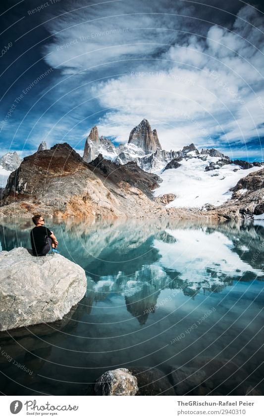 Man in front of lake and mountain - Fitz Roy Nature Blue Turquoise White Fitz Roy mountain Laguna de los tres Reflection Mountain Lake Lagoon Argentina