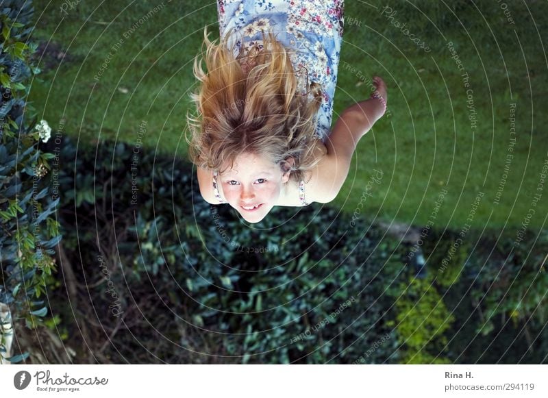 summer fun Girl 1 Human being 8 - 13 years Child Infancy Summer Garden Meadow Dress Hair and hairstyles Blonde Long-haired Smiling Laughter Playing Beautiful