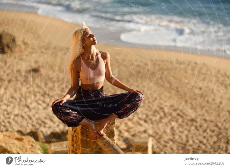 Woman enjoying the sunset on a beautiful beach Lifestyle Happy Beautiful Body Relaxation Meditation Leisure and hobbies Vacation & Travel Freedom Summer Sun