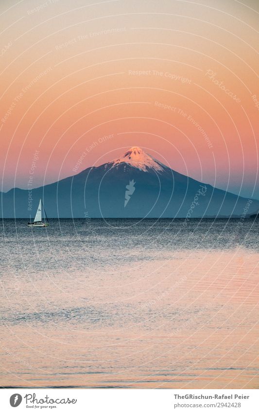 Volcano - Osorno Environment Nature Landscape Orange Pink Red White Water Lake puerto varas Osorno volcano Sailing ship Moody Snowcapped peak Sunset Calm Cozy