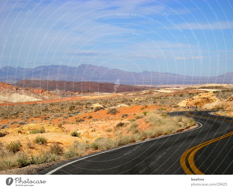 beaolli firevalley Sky blue Steppe Badlands Mountain range Grass Tuft of grass Hot Valley of fire National Park Bushes Desert Street Curve Sand Mojave Empty