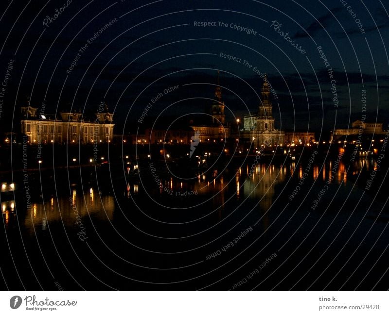 Dresden@Night Reflection Panorama (View) Long exposure Architecture Old town Elbe Large Water reflection Silhouette Night shot Copy Space Exterior shot