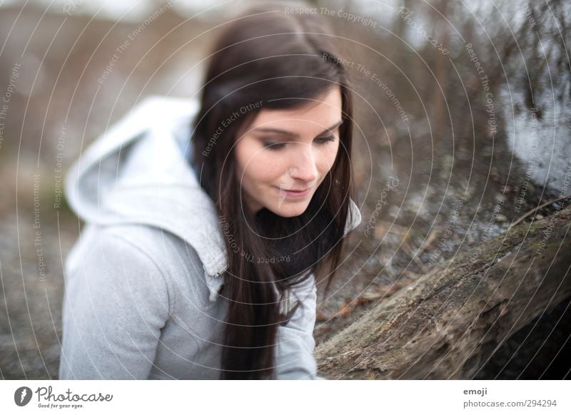 lakeside Feminine Young woman Youth (Young adults) 1 Human being 18 - 30 years Adults Brunette Long-haired Beautiful Gray Colour photo Subdued colour