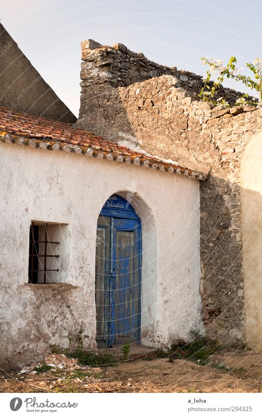 walk of life Village Fishing village Old town Deserted Church Ruin Wall (barrier) Wall (building) Window Door Dark Historic Original Blue White Wanderlust