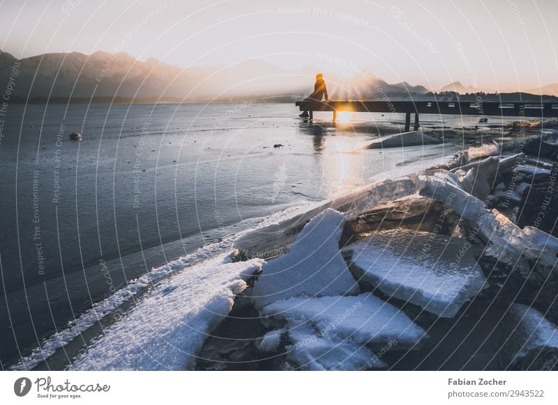 Sunrise at the frozen Lake Hopfensee Mountain Nature Landscape Water Sunset Winter Movement Sit Cold White Brave Respect Allgäu Anna Bavaria Germany Ice Alps