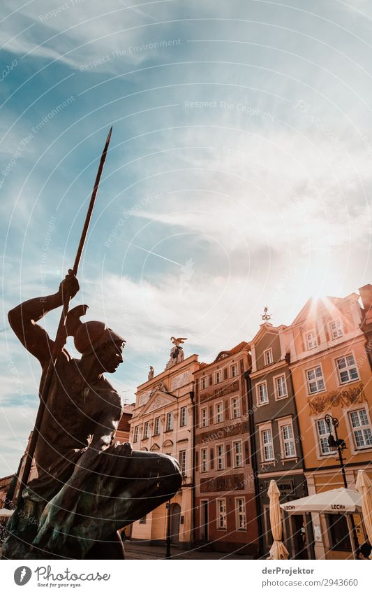 Statue at the market place in Posnan III Central perspective Back-light Sunbeam Sunlight Contrast Shadow Evening Day Light Copy Space middle Copy Space top