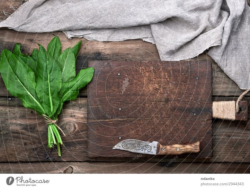 bunch of fresh green sorrel leaves Vegetable Soup Stew Herbs and spices Vegetarian diet Knives Table Rope Nature Plant Leaf Wood Fresh Above Gray Green Sorrel