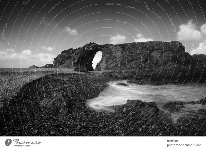 gates of heaven Landscape Water Sky Clouds Horizon Weather Beautiful weather Rock Waves Coast Beach Ocean Black White Black & white photo Exterior shot Deserted