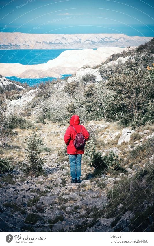 solitary Vacation & Travel Feminine 1 Human being Sky Horizon Summer Drought Mountain Coast Ocean Adriatic Sea Island Looking Dream Cold Blue Red Longing