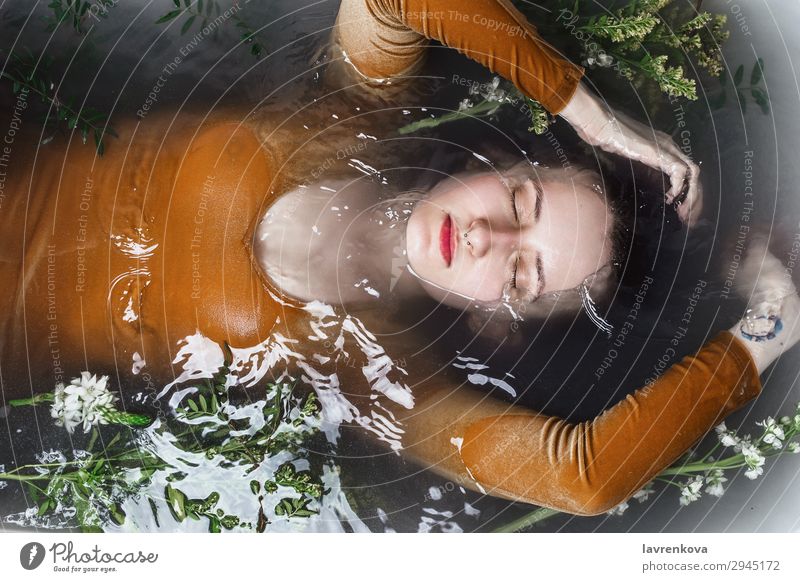 Woman lying in bathtub filled with charcoal water septum Swimming & Bathing Bathroom Bathtub Beauty Photography Body Bomb Branch Personal hygiene Caucasian