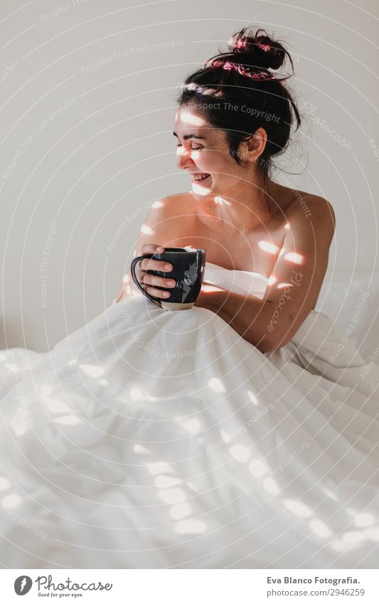 woman on bed enjoying a cup of coffee. morning Beverage Coffee Lifestyle Happy Beautiful Body Relaxation Leisure and hobbies Sun Flat (apartment)