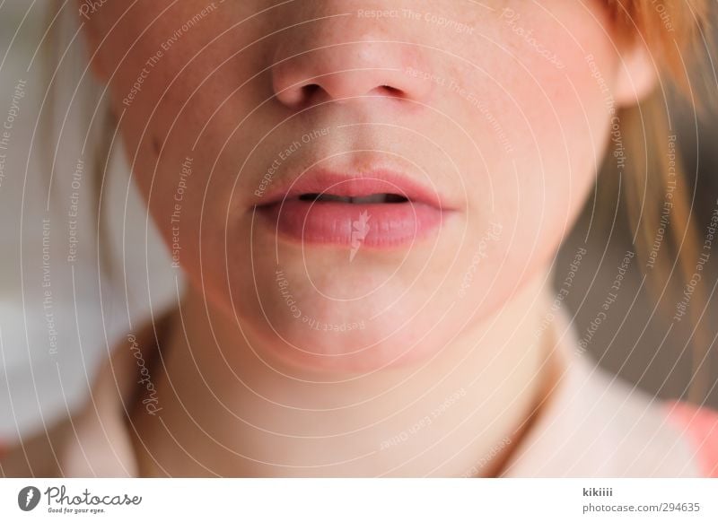 pink Lips Mouth Red-haired Blouse Pink Apricot Nose Face Close-up Neck Shallow depth of field Portrait photograph Light Mole Beautiful Think Meditative Cheek