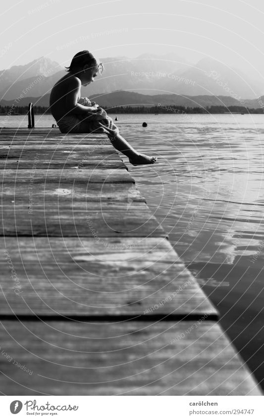 summer sadness Leisure and hobbies Sit Lakeside Footbridge Cold Sadness Freeze Summer Summery Swimming & Bathing Break Dream Black & white photo Exterior shot