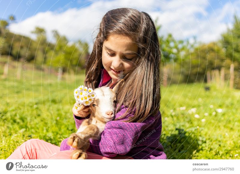 Cute little girl putting flowers ona agoat's head Lifestyle Joy Happy Beautiful Summer Garden Child Human being Feminine Baby Toddler Girl Woman Adults