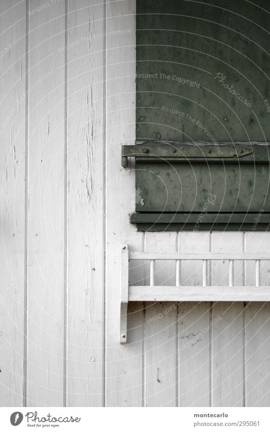 Closed Hut Window Shutter Window box Wood Old Authentic Simple Gloomy Green White Colour photo Multicoloured Exterior shot Detail Deserted Copy Space left Day