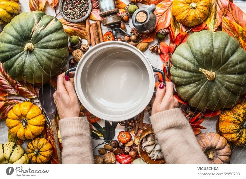 Hands keep pot on table with lots of autumn ingredients Food Vegetable Herbs and spices Nutrition Organic produce Vegetarian diet Crockery Pot Shopping Style