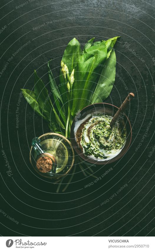 wild garlic yoghurt dip or salad dressing Food Herbs and spices Nutrition Organic produce Vegetarian diet Diet Crockery Style Design Healthy Eating Life