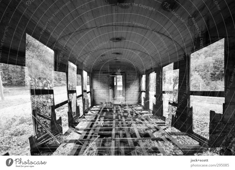 Two for one on the ghost train Rail vehicle Train compartment Exceptional Broken Apocalyptic sentiment Decline Change Double exposure Railroad car Illusion