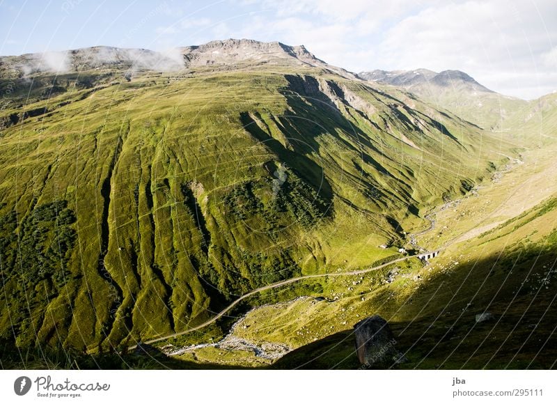 on the Furka Pass Harmonious Calm Vacation & Travel Trip Summer Summer vacation Mountain Hiking Nature Landscape Beautiful weather Grass Bushes Alps Brook