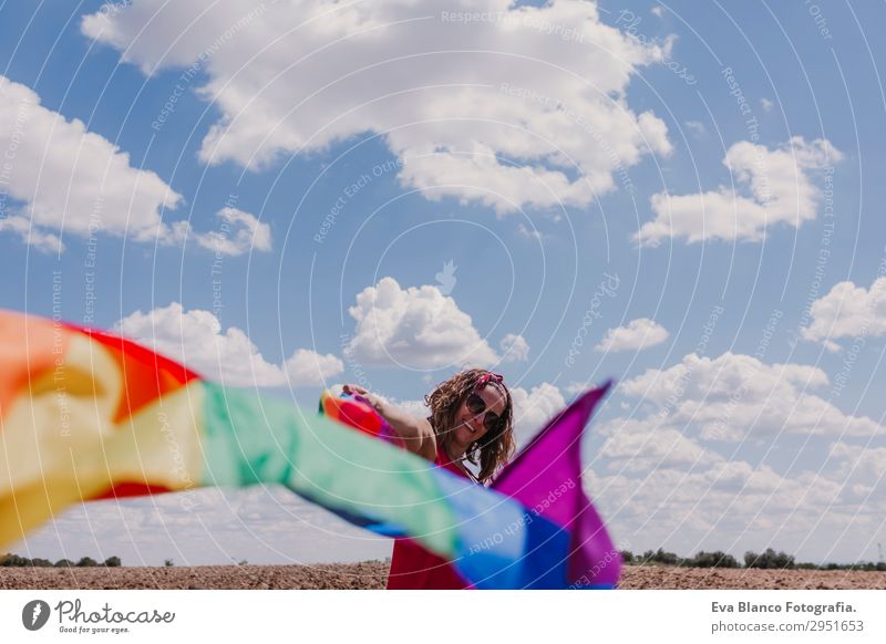 Woman holding the Gay Rainbow Flag over blue sky outdoors Lifestyle Joy Happy Leisure and hobbies Freedom Summer Sun Wedding Human being Feminine Homosexual