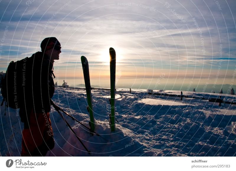 View downhill Human being Masculine Man Adults 1 Smiling Looking Happiness Joie de vivre (Vitality) Anticipation Skiing Skier Skis Ski tour Break To enjoy