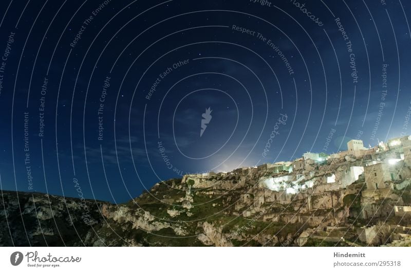 At night Architecture Sky Night sky Stars Spring Beautiful weather Hill Rock Canyon Matera province Old town Deserted House (Residential Structure) Ruin