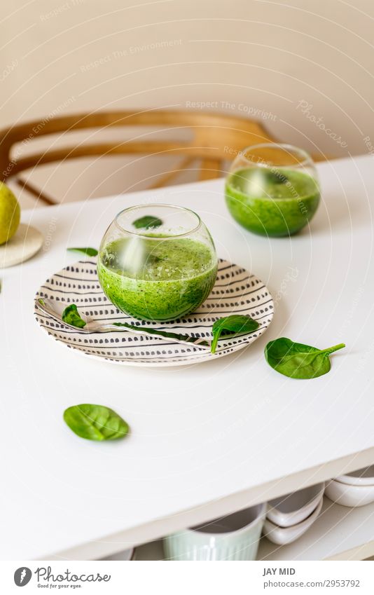 Healthy green smoothie. Superfood Food Vegetable Fruit Apple Candy Nutrition Vegetarian diet Beverage Juice Table Fresh Natural Juicy Green White Energy