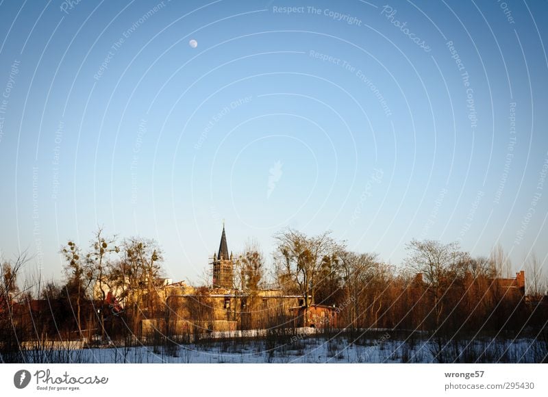 A piece of home Magdeburg Germany Saxony-Anhalt Europe Town Outskirts Deserted House (Residential Structure) Church Building Church spire Blue Quarter Sky