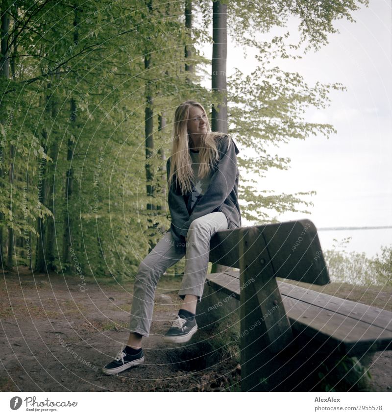 Young woman leaning on a park bench at the Baltic Sea in the forest Style Joy pretty Life Harmonious Youth (Young adults) 18 - 30 years Adults Nature Landscape