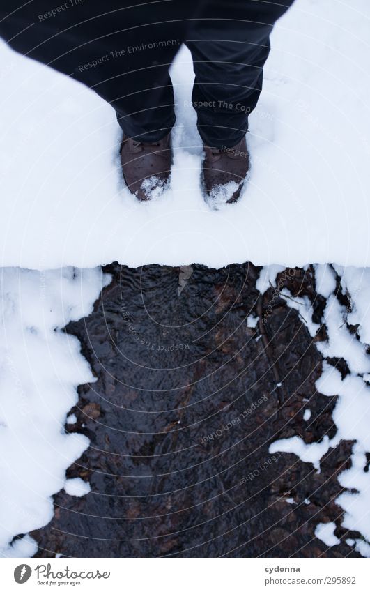 winter goodbye Well-being Relaxation Calm Trip Hiking Human being Legs Feet Environment Nature Water Winter Ice Frost Snow Brook Footwear Esthetic Movement