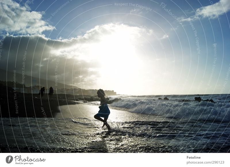 Hurry! Human being Feminine Child Girl Infancy Environment Nature Landscape Elements Water Sky Clouds Sun Summer Beautiful weather Waves Coast Ocean Bright Wet