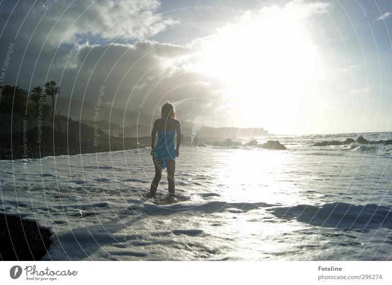 nabbed Human being Feminine Child Girl Infancy Environment Nature Landscape Elements Water Sky Clouds Sun Sunlight Summer Beautiful weather Warmth Waves Coast