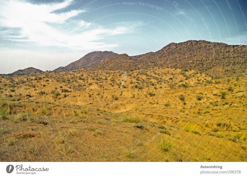 bare landscape in India Environment Nature Landscape Plant Earth Sand Sky Clouds Horizon Spring Weather Beautiful weather Grass Bushes Hill Peak Desert Blue