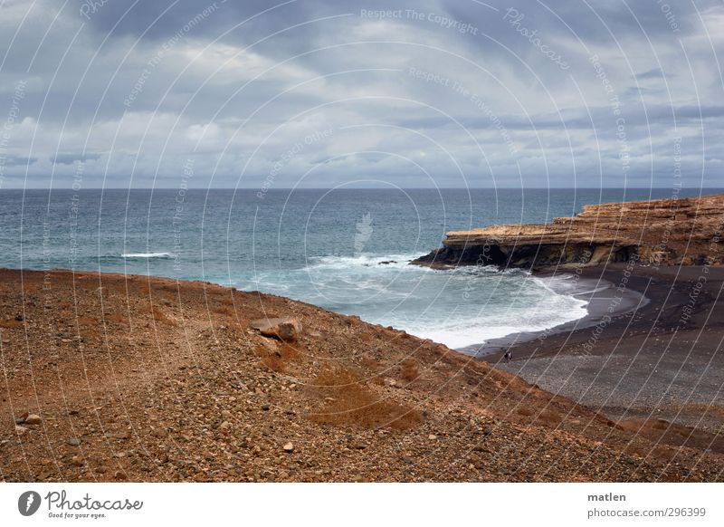 bay Landscape Sand Water Sky Clouds Storm clouds Horizon Bad weather Hill Rock Waves Coast Beach Bay Ocean Blue Brown Colour photo Exterior shot Copy Space left