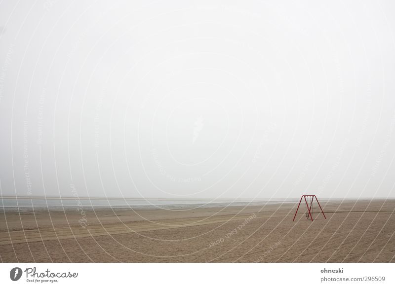 lost Bad weather Coast Beach North Sea Langeoog Swing Sand Reluctance Fear Loneliness Far-off places Colour photo Subdued colour Exterior shot Deserted