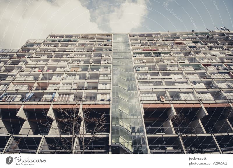 social palace Sky Clouds Schöneberg Architecture Prefab construction Stairs Facade Staircase (Hallway) Sharp-edged Hideous Tall Modern Style Environment