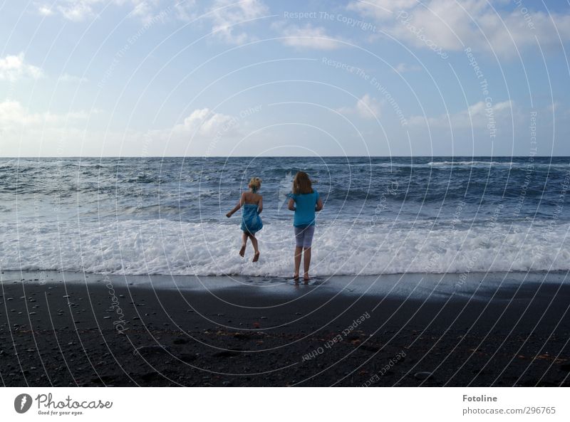 beach fun Human being Feminine Child Girl Sister Infancy Environment Nature Elements Water Summer Beautiful weather Waves Coast Beach Ocean Bright Athletic