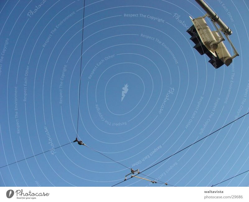 cross Transport Traffic light Overhead line Wire Tram Mixture Cable Sky Blue Street