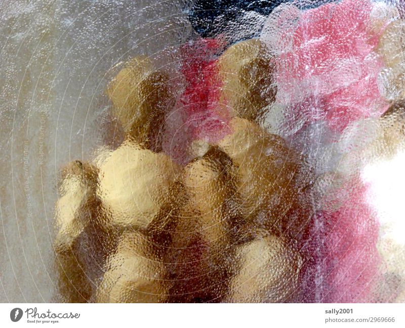 Trash 2020... Figure Wooden figure Frosted glass behind glass frosted windows Frosted glass pane Naked Couple Doll Glass Light Bright blurriness Pattern Window