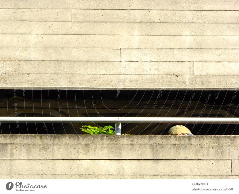 Balconies... Living or residing Head 1 Human being House (Residential Structure) High-rise Architecture Facade Balcony Baseball cap Threat Gloomy Loneliness