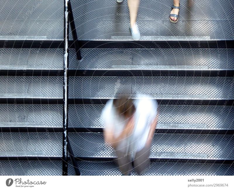 rush hour... Human being 3 Stairs Running Movement Together Speed Gloomy Town Gray Stress Nerviness Business Resolve Modern Lanes & trails Time Downward