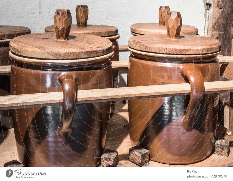 Old stoneware storage containers in a cellar. Spirits Scotland scotland tasting flavor Tradition Highlands wood Distillery enjoyment Beverage drink Barley