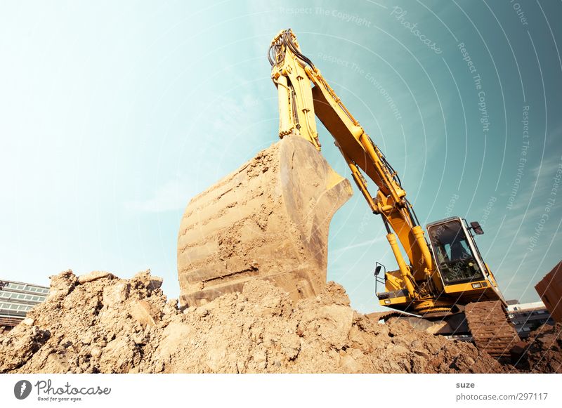 At the excavator hole Work and employment Workplace Construction site Industry Services SME Environment Elements Earth Sky Beautiful weather Metal Blue Brown