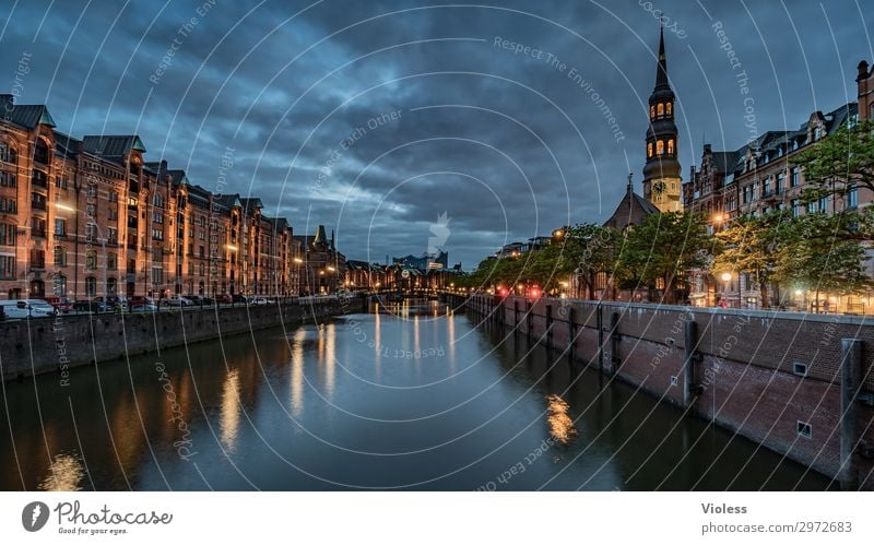 nightly Hamburg Elbe Twilight Old warehouse district Harbour Port City st. katharinen Church Night Dark Light Long exposure Reflection Harbor city