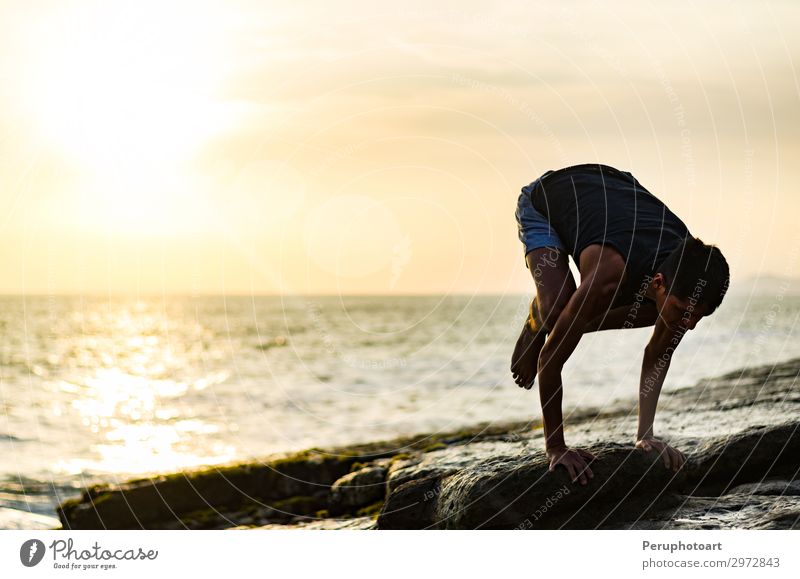 Summer yoga session on a beautiful golden beach Beautiful Body Harmonious Relaxation Calm Leisure and hobbies Vacation & Travel Beach Ocean Sports Yoga Man